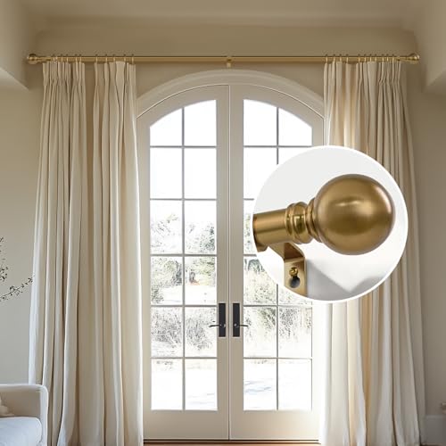 Immiehh Warm Gold Curtain Rod 72-144 Inch Heavy Duty Brass Support with Finials - Adjustable Window Rod