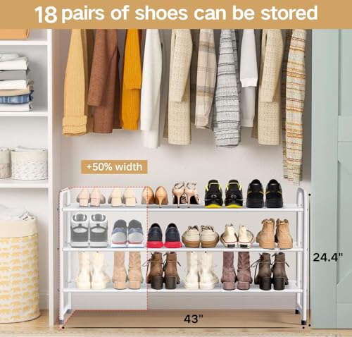 White 3-Tier Metal Shoe Rack for Closet & Entryway - Stackable Storage Shelf