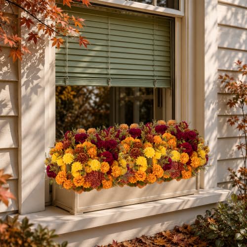 Artificial Fall Mums Flowers Bundle - 15 Inch, Multi-Orange Yellow Burgundy Brown, Outdoor Decor