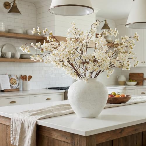 White Cherry Blossom Branches - 6 Faux Silk Long Stems for Vase Arrangements