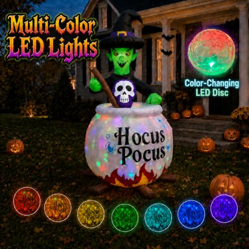 Enlik 6 FT Inflatable Witch and Cauldron Halloween Yard Decor with RGB Light Show - Outdoor Spooky Blow Up for Lawn, Porch, Garden, Party, Halloween Decorations