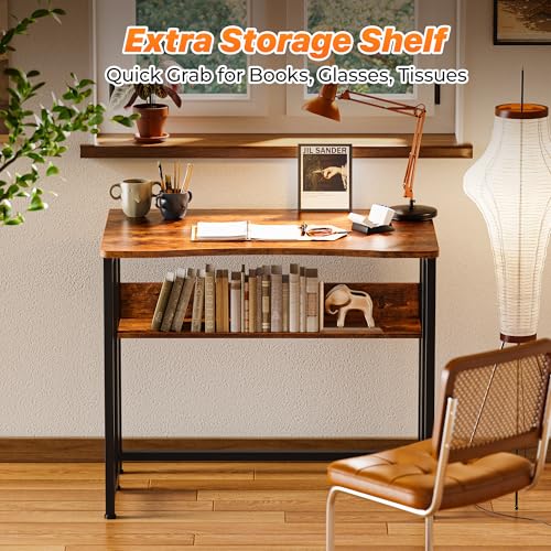 Huuger Rustic Brown 31.5 Inch Folding Desk with Storage Shelf, Compact Home Office Table