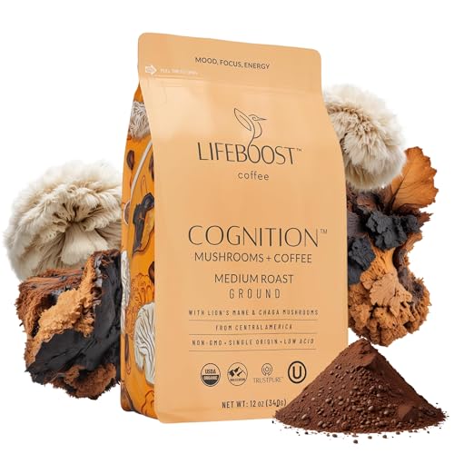 Lifeboost Organic Medium Roast Cognition Mushroom Ground Coffee 12oz with Lion's Mane & Chaga
