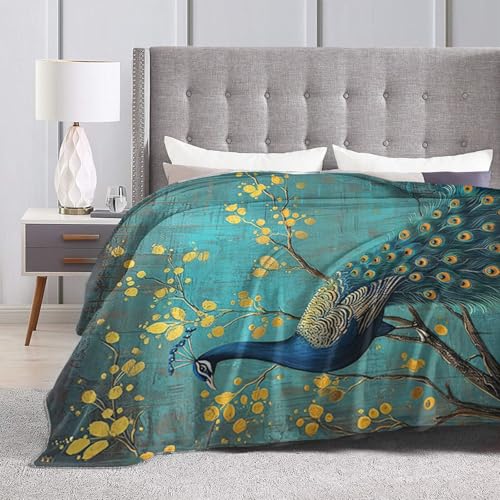 Peacock Throw Blanket - Teal Peacock Stuff Decor Merch Cozy Flannel Soft Warm Plush Lightweight Bedding - Gifts for Boys, Men, Sofa & Couch - 50"X40"