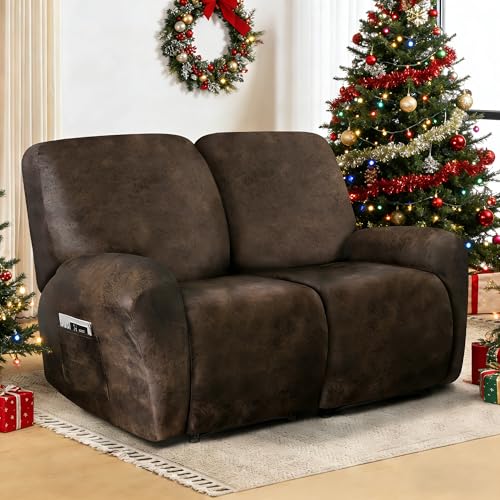 ANARACHON Brown 2-Seater Leather-Look Recliner Loveseat Cover, 6-Piece Stretch Slipcover