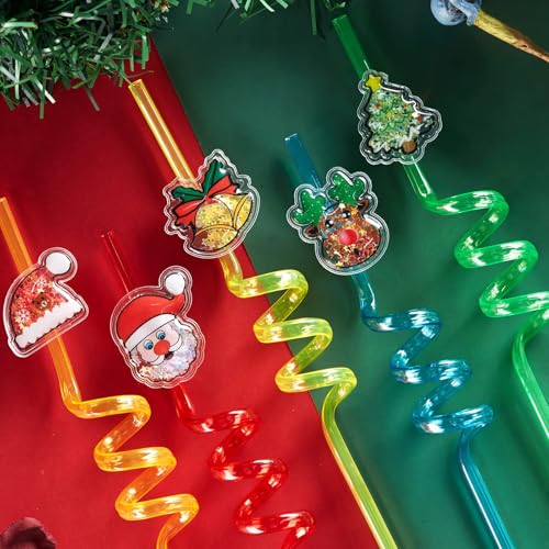 Reusable Christmas Curly Drinking Straws - 8 Pack with Cartoon Designs & Cleaning Brushes