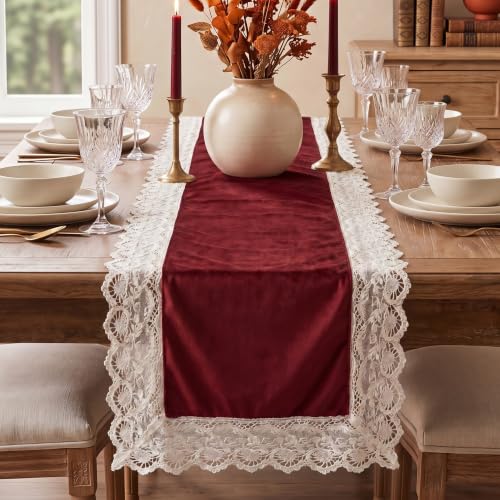 Flutesan Burgundy Velvet Lace Table Runner 20x70 Inch | Victoria Christmas Wedding Decor