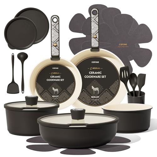 Ceramic Cookware Set with Detachable Handles - Charcoal, 21 Pieces