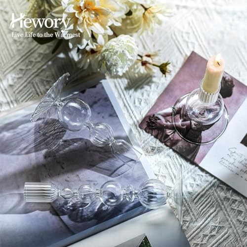 Hewory Clear Glass Candlestick Holders Set of 3 - Elegant Taper Candle Holders