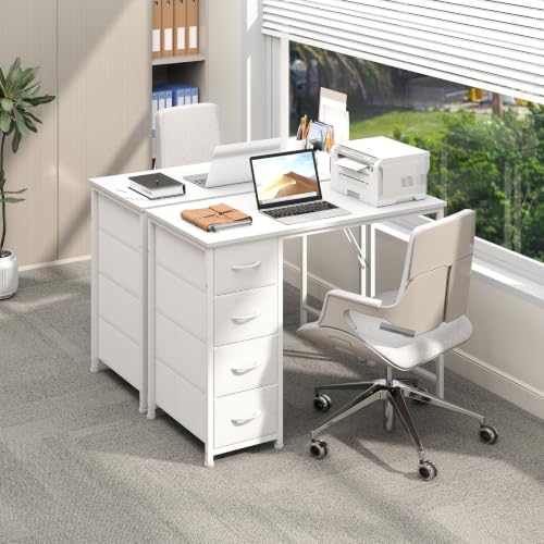 White Small Computer Desk with 4 Drawers - 39 Inch Home Office Workspace