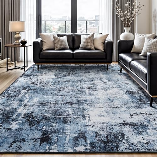 Ocean Blue Abstract Area Rug 9x12 - Washable Navy Blue Living Room Carpet - Variation 01 Ocean Blue