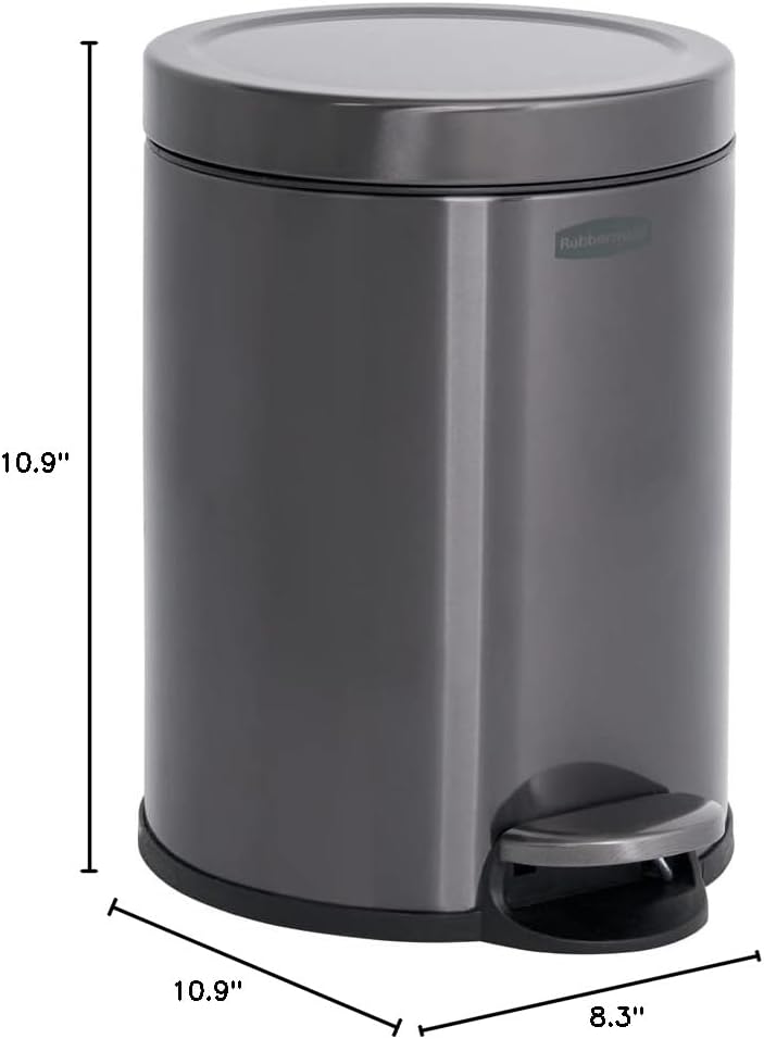 Rubbermaid Stainless Steel Round Step-On Trash Can - 1.6 Gallon Charcoal Wastebasket with Lid for Home & Office