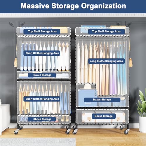 Heavy Duty Rolling Clothes Rack with Lockable Wheels - 32.7" Width, Black with Cover, 600LBS Capacity - Variation: Black Rack with Black Cover / P8C