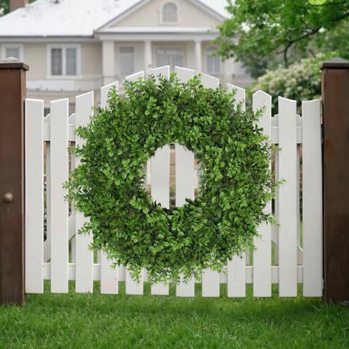 JDKPK 26 Inch Green Boxwoods Wreath for Front Door - Artificial Outdoor & Indoor Greenery, Farmhouse Decor