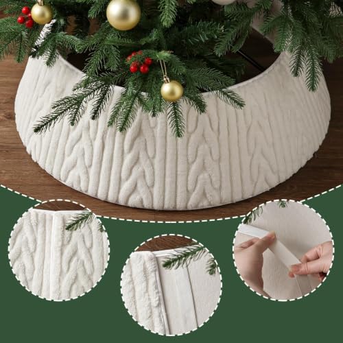 White Plush Tree Collar 28in Christmas Tree Skirt with Thick Herringbone Pattern - Bunny Chorus
