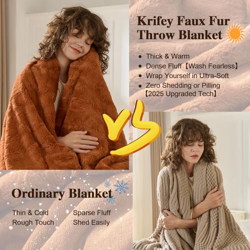 Krifey 60x80in Faux Fur Throw Blanket – Super Soft Plush Bed & Sofa Blanket, Camel