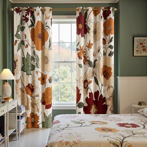 Boho Floral Blackout Curtains 84 Inch Grommet 4 Panels - Orange / Red / 50"W x 84"L