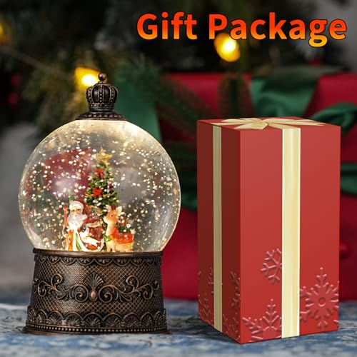 Qukulov Santa Snow Globe with Reindeer - Light Up 8-Carol Music, USB/Battery Operated