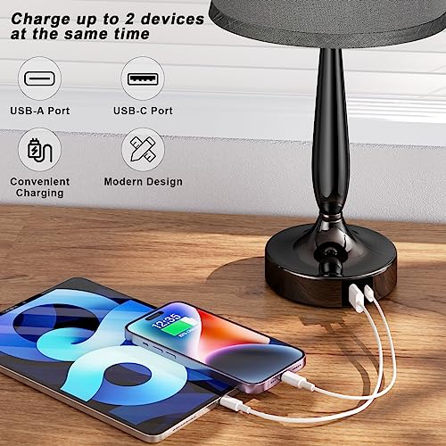 Gray Touch Table Lamp with USB-C Port for Bedroom - Small Bedside Light