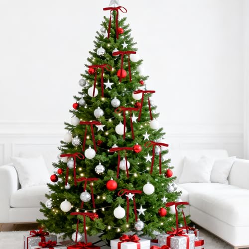 KINGLAKE 24 Pcs Red Velvet Bows 3/8'' for Christmas Tree — 5 x 7'' Velvet Decorations