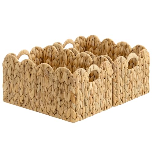 Large Water Hyacinth Basket with Scalloped Edges - Natural Wicker Storage Basket 13 x 8.25 x 7 inches