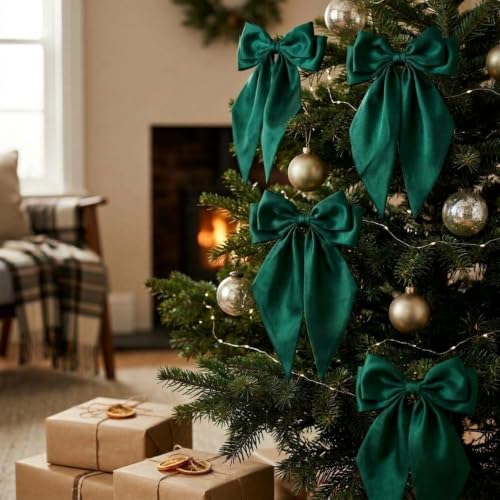 Thiccywoov 24 Dark Green Christmas Bows 15 x 6.3 in - Pre-Tied Satin, Festive Décor (Dark Green / 24)