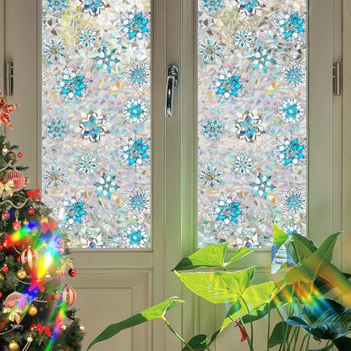 Niviy Christmas Window Clings 16.93 x 39.37in – Stained Glass Snowflake Film, Static Cling, Rainbow Shadows, Indoor/Outdoor Holiday Decor