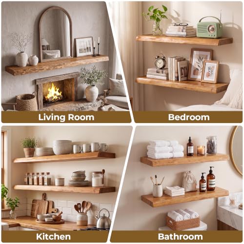 Live Edge Elm Floating Shelves - Rustic Wall Mounted Storage Set of 2