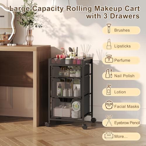 JKsmart Black 4-Tier Rolling Makeup Cart with 3 Drawers & Dividers