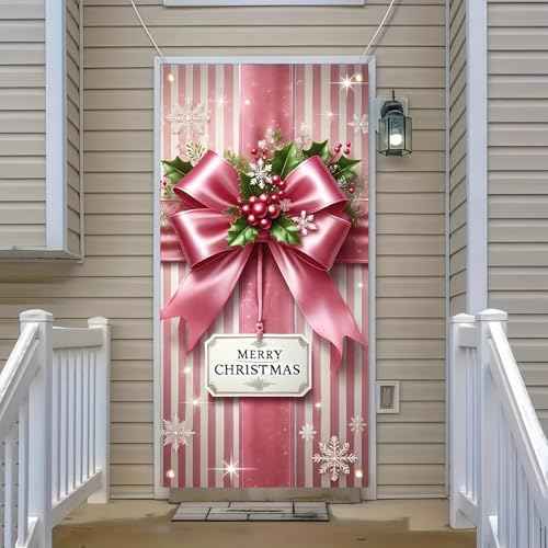 Christmas Door Cover Christmas Pink Bow Holly Hanging Banner Backdrop Gift Box Photography Background Holiday Door Hanging Cover Door Cover Banner for Xmas Holiday New Year 71X35 Inch