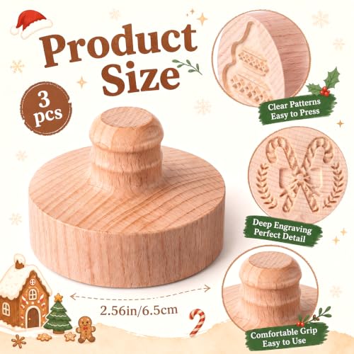 Christmas Cookie Stamp Set - 3 Deep Imprint Wooden Molds for Baking, Holiday Design