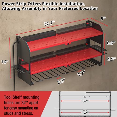 Power Tool Organizer with Charging Station Wall Mount - Surge Protected Rack, Red Variation of with Power Strip