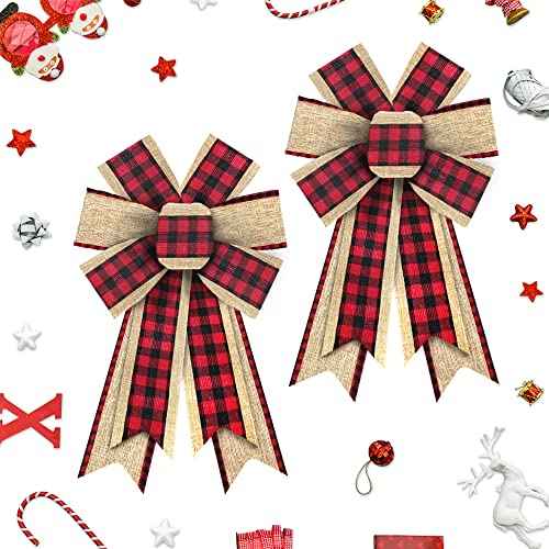 2pcs Valentine's Day Wreath Bows Valentines Bows Red Brown Buffalo Plaid Burlap Bows for Wreaths, Valentines Ribbon Bows Tree Topper Bows for Home Indoor Outdoor Decoration Wreath Ornament Supplies