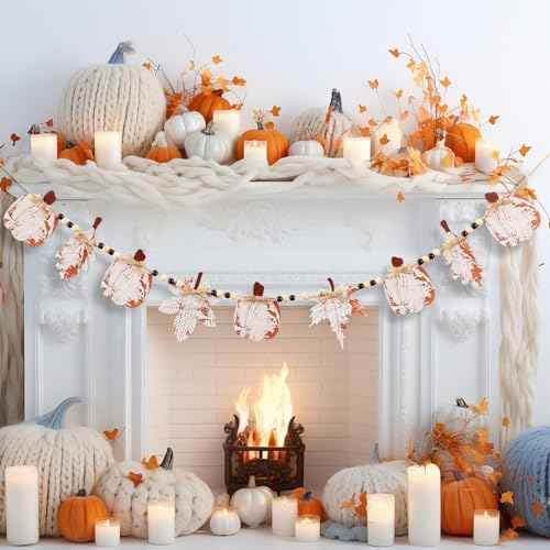 6.9 ft Fall Garland Wood Bead Banner with Pumpkin and Maple Leaves Thanksgiving Hanging Decorations for Farmhouse Home Wall Fireplace Autumn Halloween Birthday Baby Shower Party