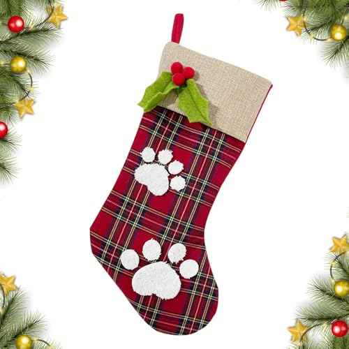 Christmas Stockings with Paw Ornaments, Xmas Burlap Stockings for Fireplace, Large Red Buffalo Plaid Stocking Decorations, Winter Fireplace Hanging Stockings for Home Christmas