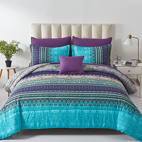 Cottolester Boho Comforter Set Queen Aqua 8-Piece Bed in a Bag - Floral & Stripe Bedding