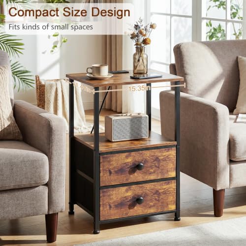 LOAKEKEL Rustic Brown Nightstands Set of 2 with Charging Station - Modern Bedside Tables