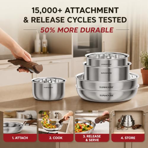 Sunhouse 9-Piece Stainless Steel Cookware Set with Detachable Handle - Silver