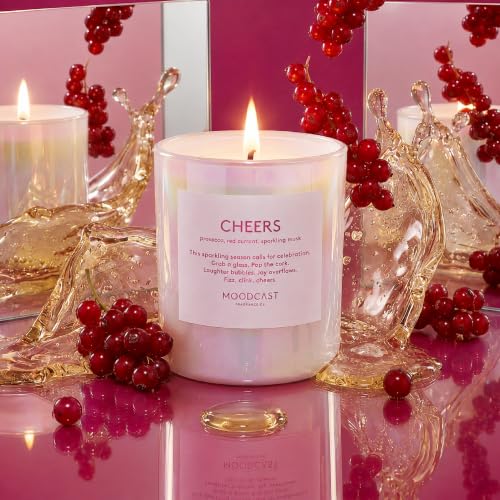 Moodcast Cheers Scented Holiday Candle - 8oz Vegan Winter Candle, Prosecco & Red Currant, Christmas Decor - Cheers / 1