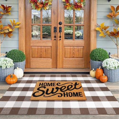 KIMODE 3x5 ft Buffalo Plaid Outdoor Front Door Mat - Farmhouse Welcome Rug, Reversible, Machine Washable, Coffee/White
