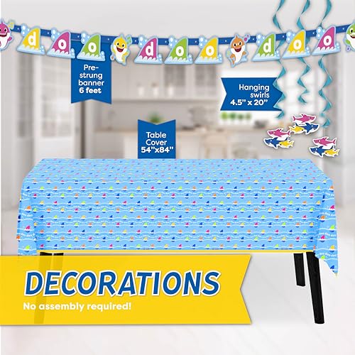 Baby Shark Party Decorations Set with Banner, Tablecloth, Swirls & Decals