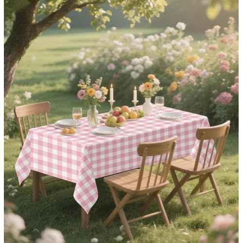 HEIPINIUYE 2 Pack Pink Gingham Tablecloth Disposable 54 x 108 Inch Pink and White Plaid Plastic Table Cloth Disposable Rectangle Table Cover for Party Birthday Picnic Checkered Tablecloths