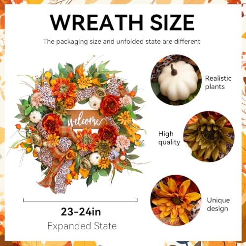 NaturaWre 24 Inch Fall Wreath with Welcome Sign & Leopard Ribbon - Autumn Front Door Decor