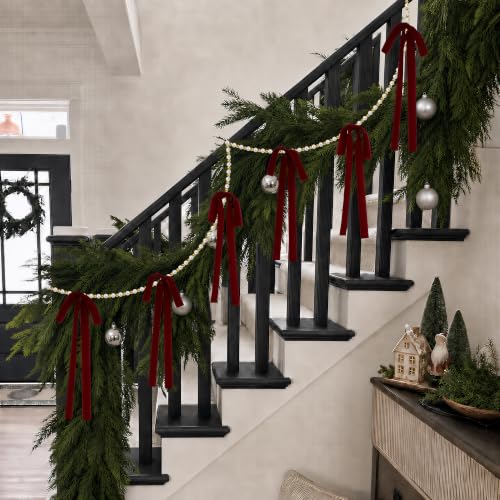 Burgundy Wine Red Velvet Bow & Pearl Garland Set - 2 x 7.2 Ft Christmas Decor