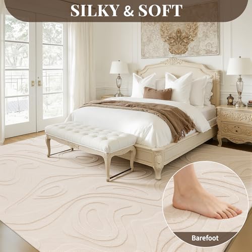 UKISS 8'x10' Beige Faux Rabbit Fur Area Rug - Soft, Non-Slip, Washable Bedroom & Living Room Carpet