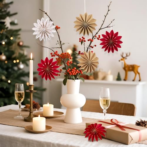 Balun Admhail 9Pcs Red White Brown Snowflake Paper Ornaments – Christmas Hanging Fans (Variation: Red and White)