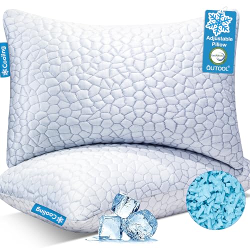 QUTOOL King Cooling Pillow Set of 2 - Adjustable Shredded Memory Foam, CertiPUR-US, White, Basic / King