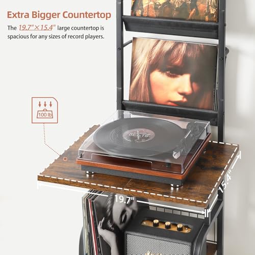 Tewinko Record Player Stand with Power Outlet & Vinyl Storage - Black & Brown