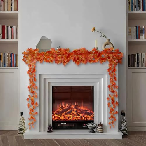 Fall Leaf Garland for Room Decor(12 Pack),Artificial Maple Leaves,Autumn Hanging Vines Red Ivy Plant for Bedroom Wall Decor Thanksgiving Halloween Christmas WeddingParty Garden Fireplace