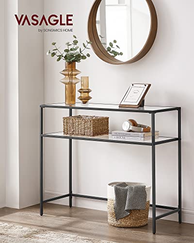 Black 39.4 Inch Console Sofa Table with Tempered Glass Shelves - Glam Style